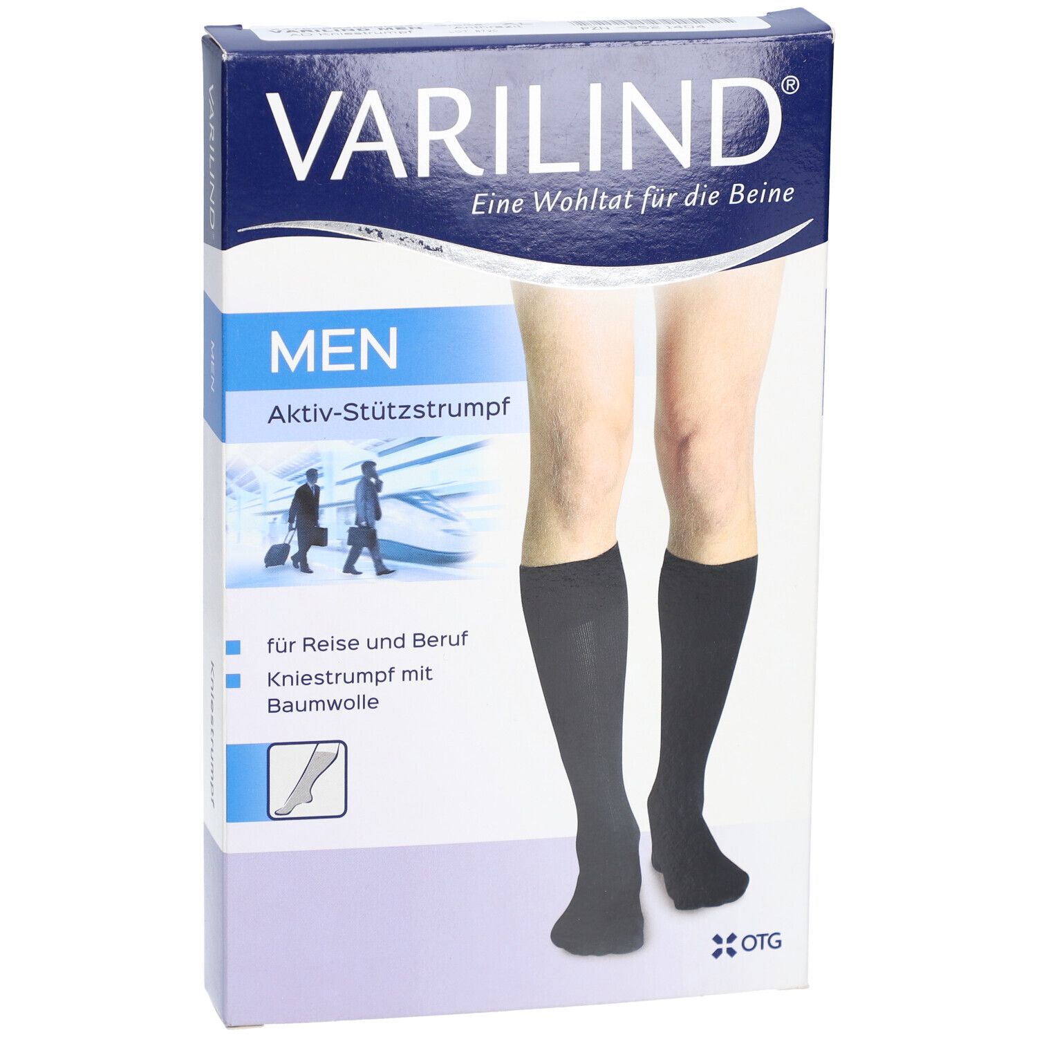 Verpackung mit Kniestrümpfen. Schwarze Strümpfe, Produktname VARILIND, Aufschrift MEN, Aktiv-Stützstrumpf.