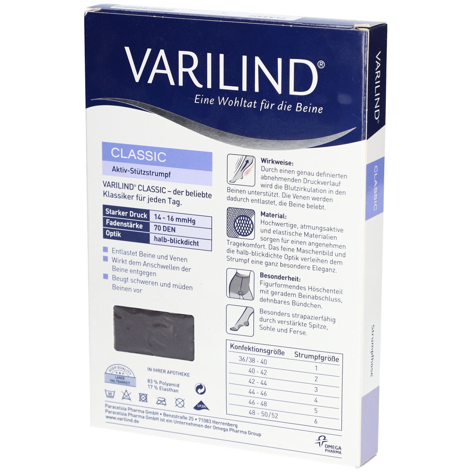 Rückseite der Verpackung VARILIND Classic. Informationen zu Eigenschaften und Größen. Abbildung: Strumpfhose in Anthrazit.