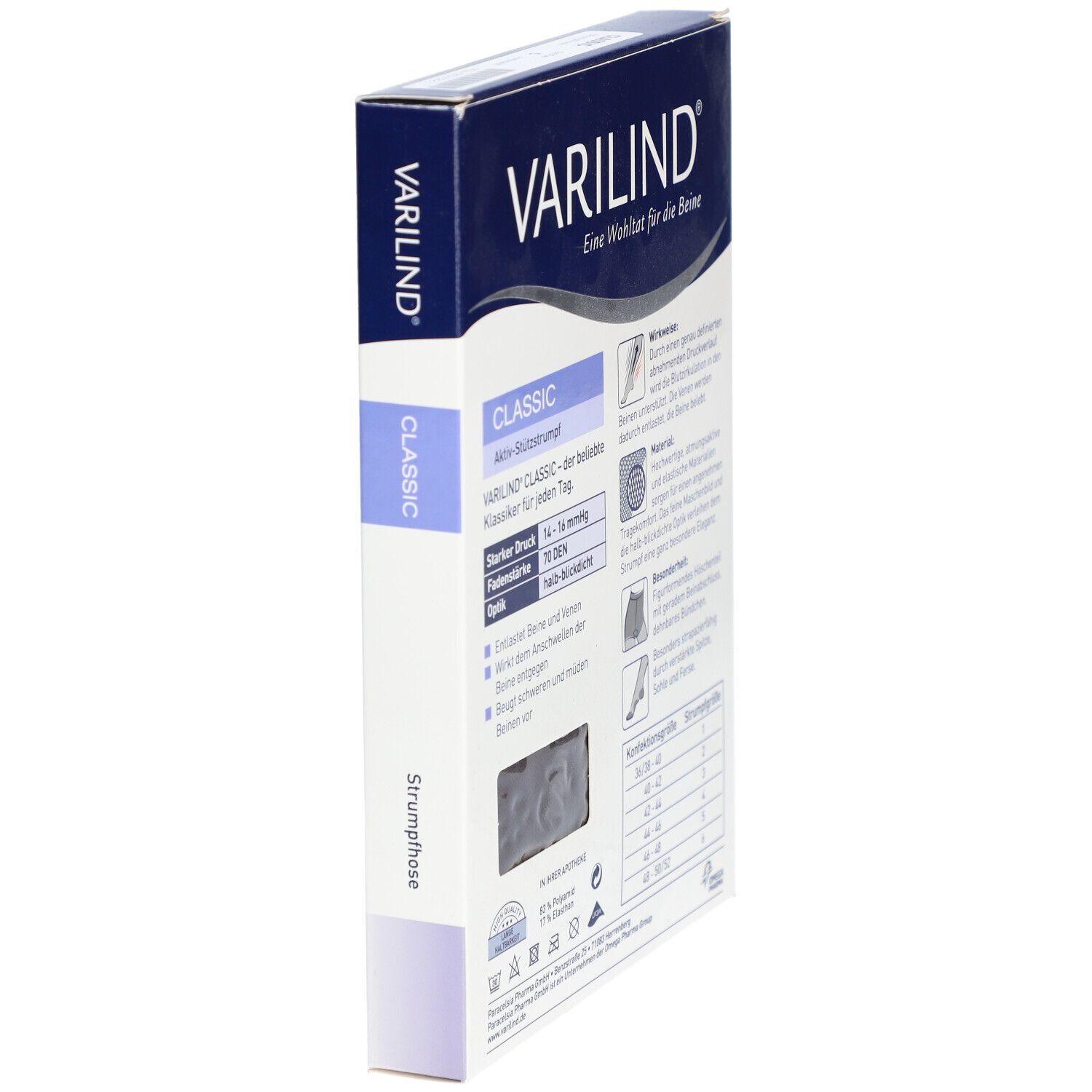 Seitenansicht der Verpackung VARILIND Classic. Informationen zu Eigenschaften und Größen. Abbildung: Strumpfhose in Anthrazit.