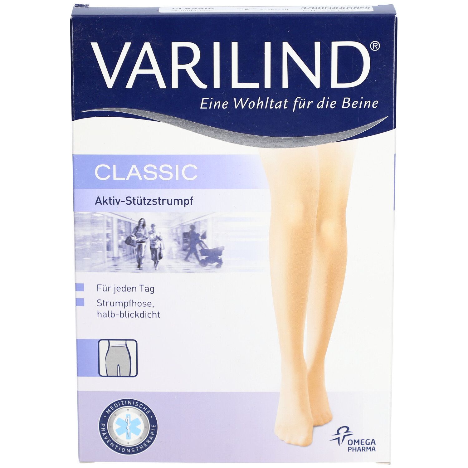 Verpackung VARILIND Classic. Aktiv-Stützstrumpf. Aufdruck: CLASSIC, medizinische Kompressionstherapie. Abbildung: Beine mit Strumpfhose.