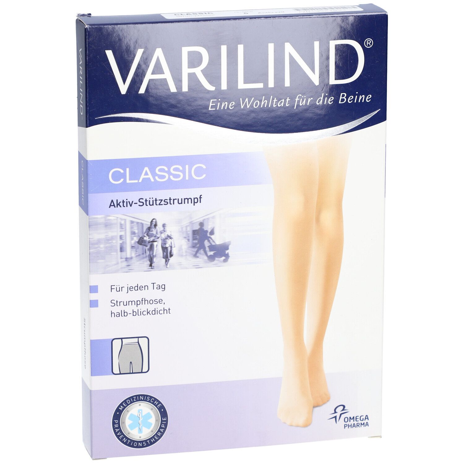Verpackung VARILIND Classic. Aktiv-Stützstrumpf. Aufdruck: CLASSIC, medizinische Kompressionstherapie. Abbildung: Beine mit Strumpfhose.