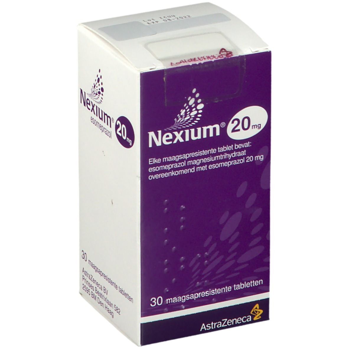 Schachtel mit NEXIUM 20 mg Tabletten. Lila und weiße Verpackung. Enthält 30 Tabletten.