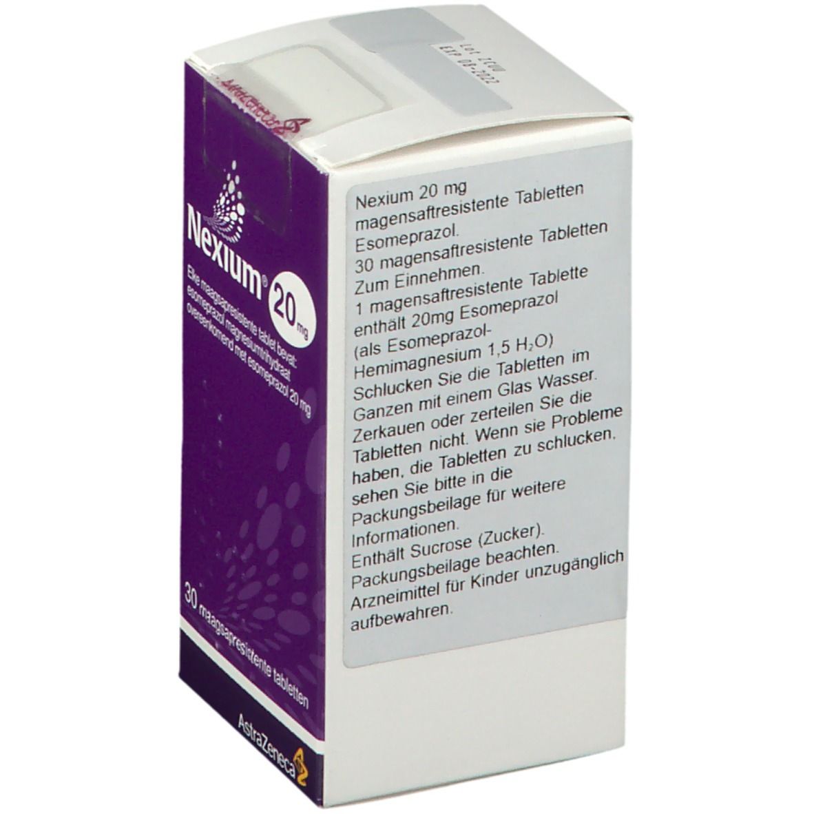 Rückseite der NEXIUM 20 mg Tabletten-Schachtel. Textinformationen und Barcode.