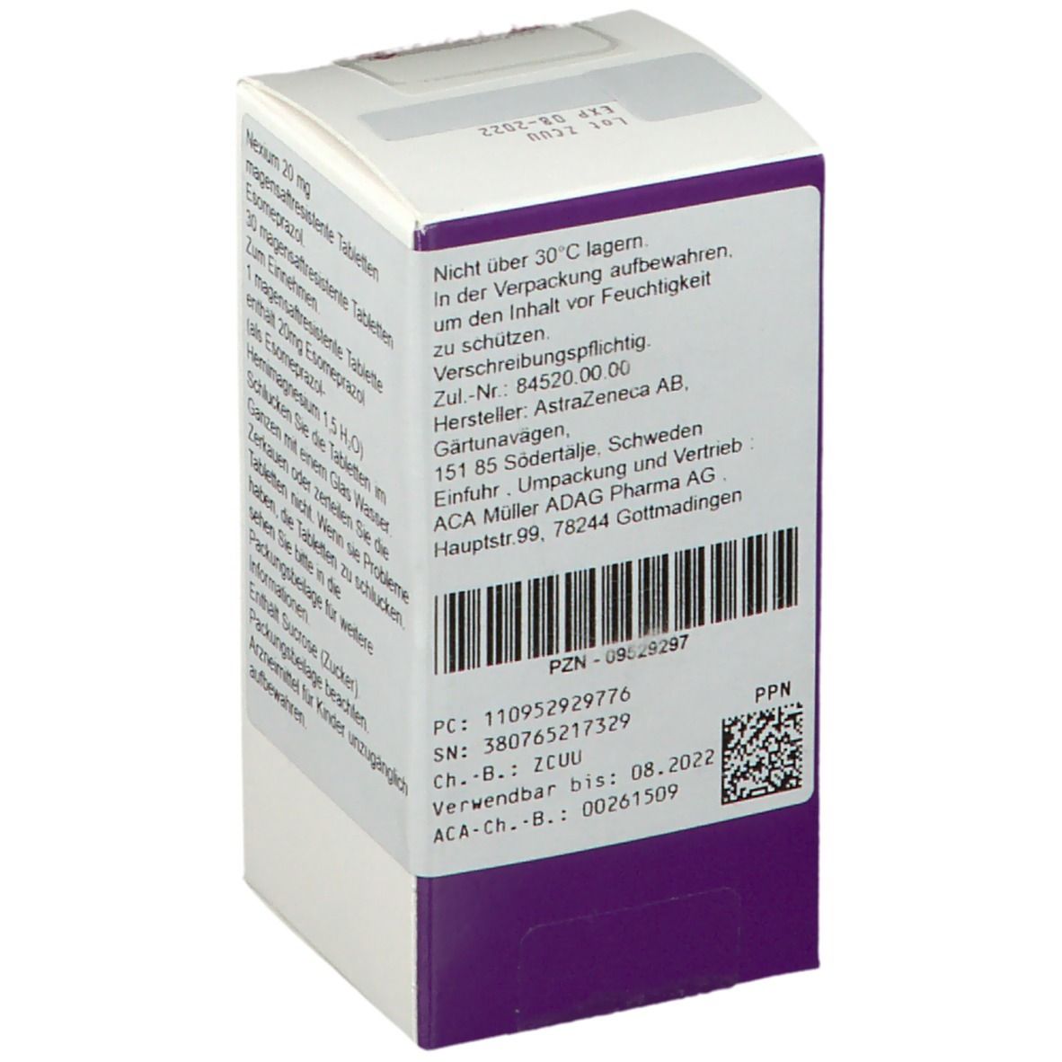 Rückseite der NEXIUM 20 mg Tabletten-Schachtel. Textinformationen und Barcode.