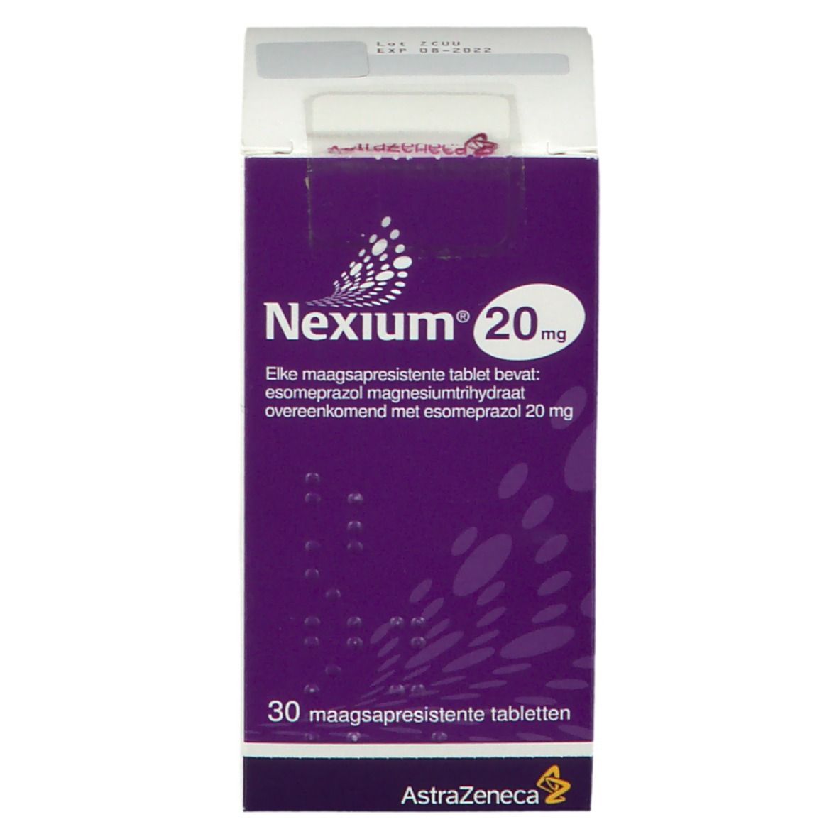 Schachtel mit NEXIUM 20 mg Tabletten. Lila und weiße Verpackung. Enthält 30 Tabletten.