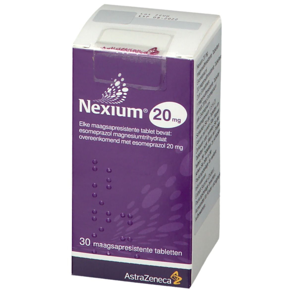 Schachtel mit NEXIUM 20 mg Tabletten. Lila und weiße Verpackung. Enthält 30 Tabletten.