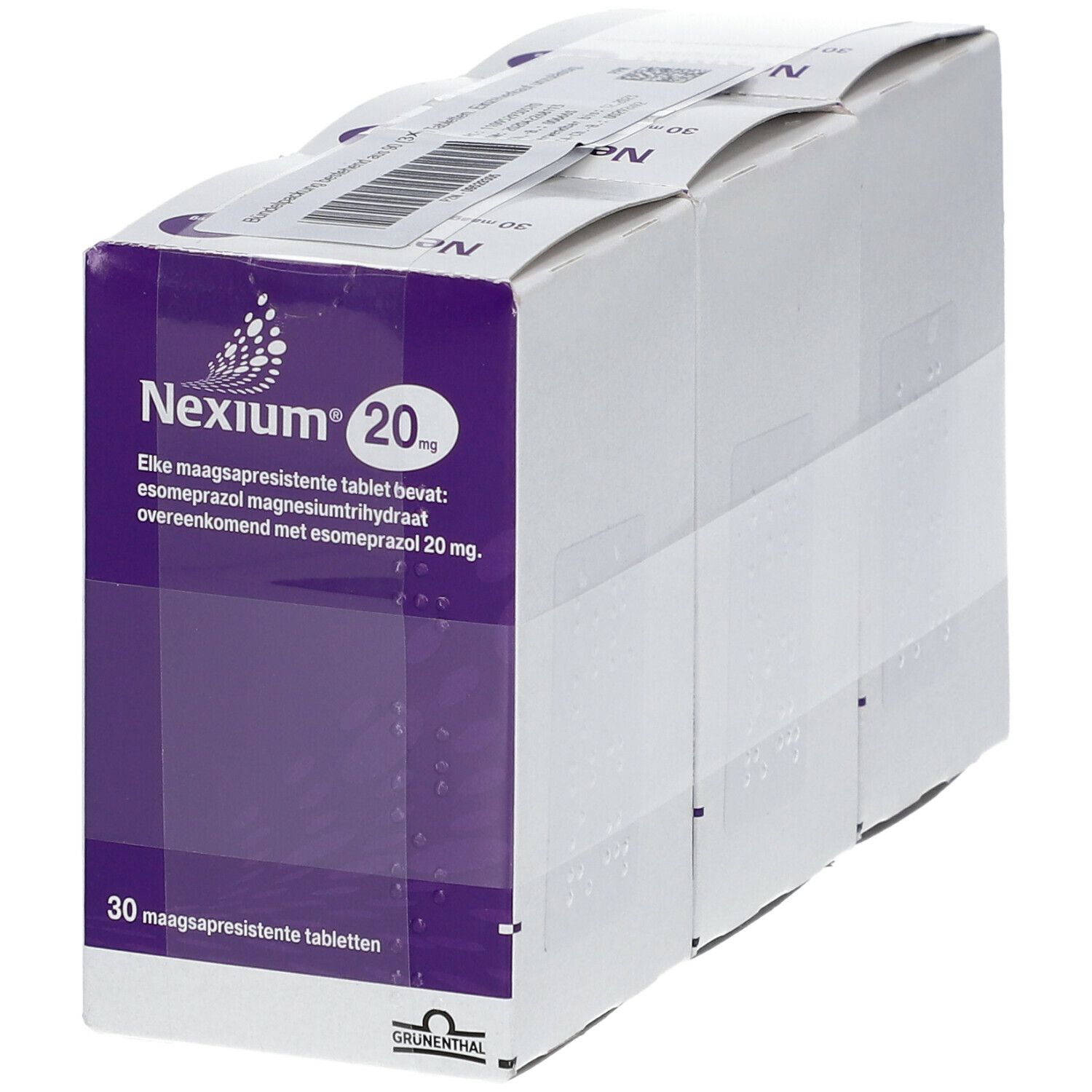 Packung Nexium 20mg, 30 magensaftresistente Tabletten. Lila und weiße Verpackung mit Produktinformationen.