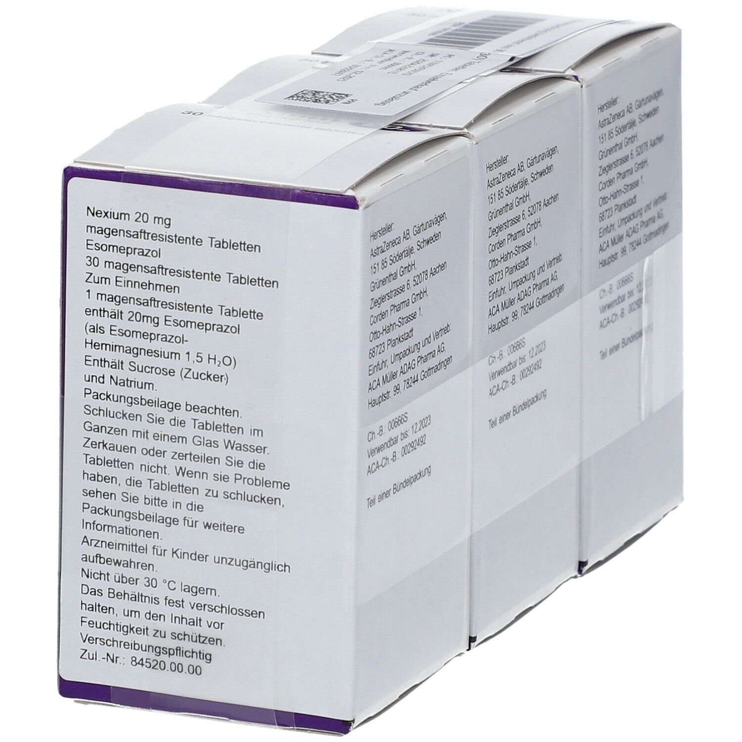 Seitenansicht der Nexium 20mg Packung. Enthält Produktinformationen und Warnhinweise auf weißem Hintergrund.