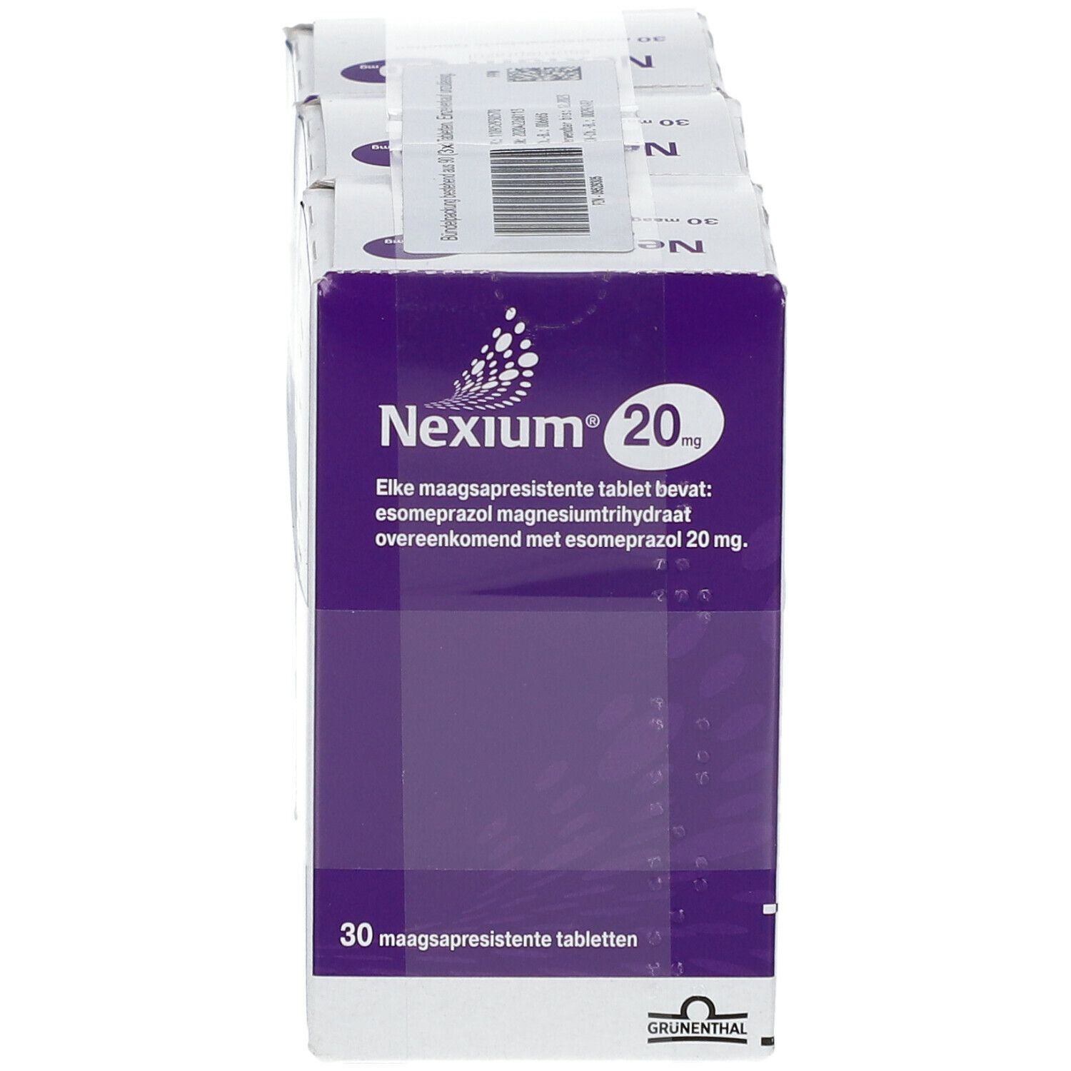 Packung Nexium 20mg, 30 magensaftresistente Tabletten. Lila und weiße Verpackung mit Produktinformationen.