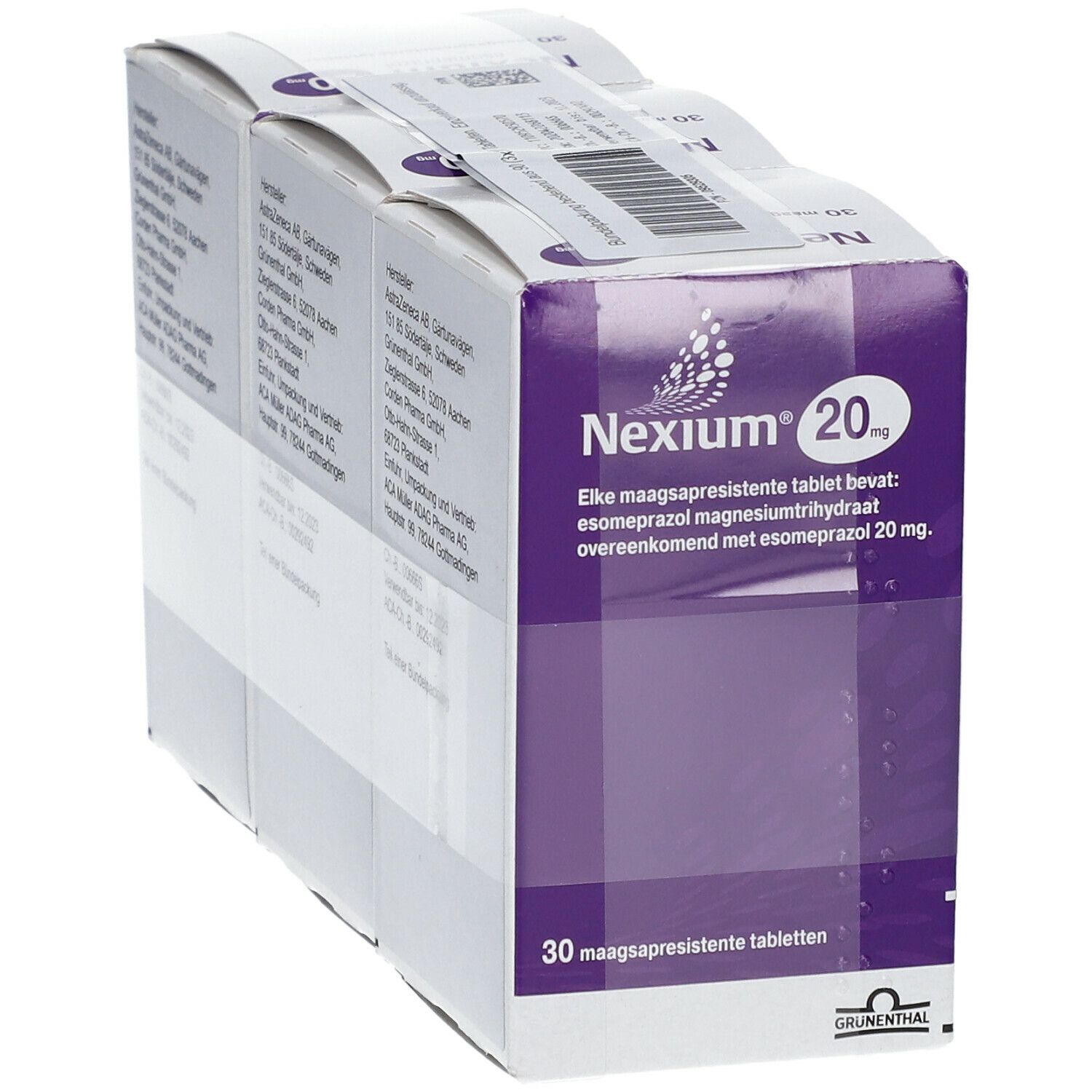 Packung Nexium 20mg, 30 magensaftresistente Tabletten. Lila und weiße Verpackung mit Produktinformationen.
