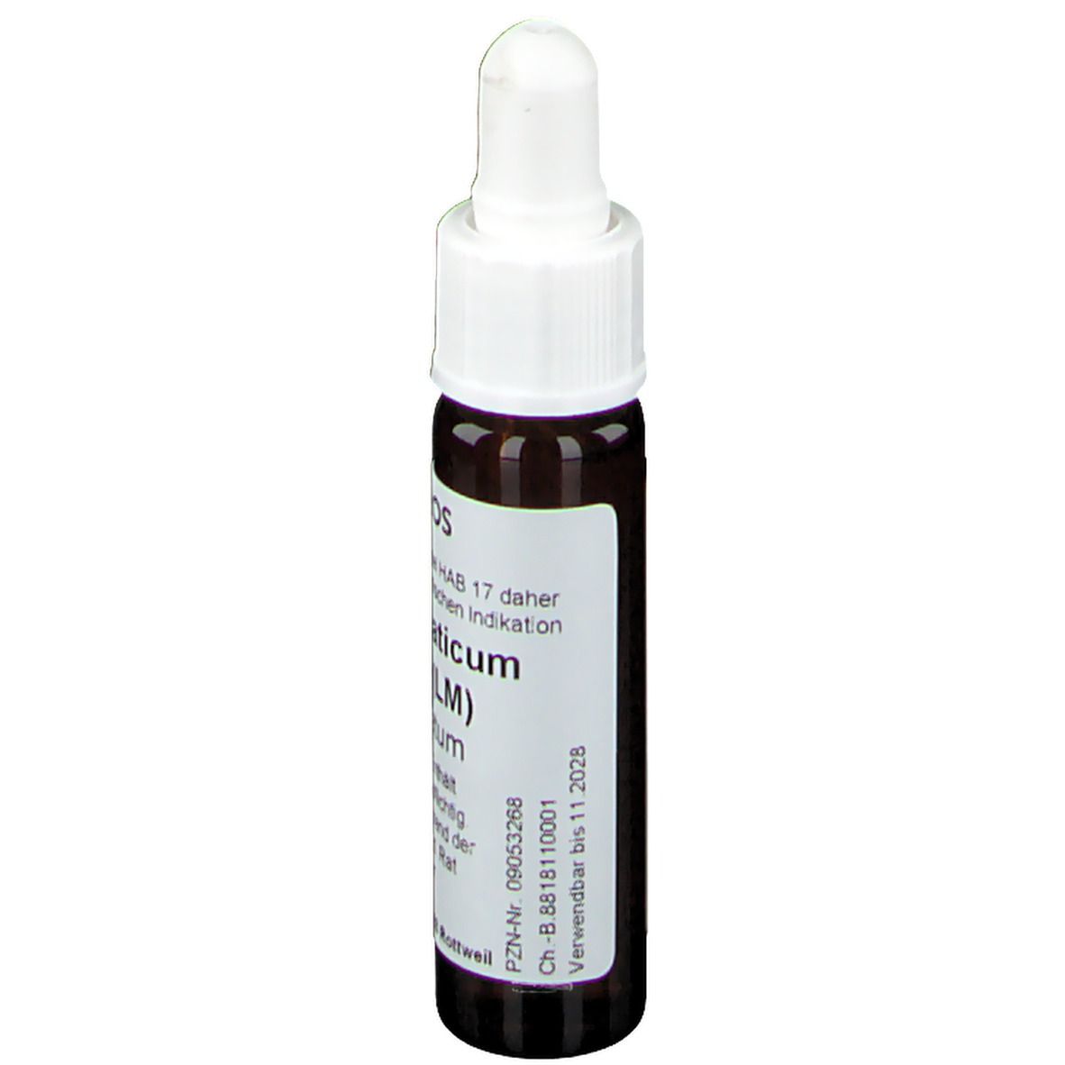 Braune Glasflasche mit weißem Verschluss und Etikett. Beschriftung: Natrium muriaticum (LM).