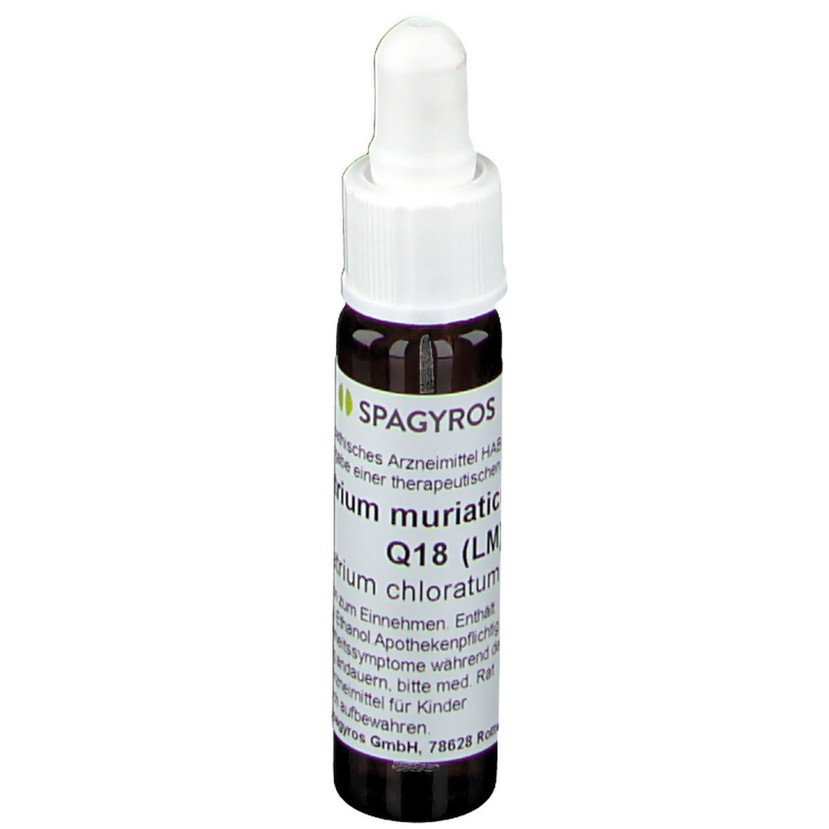 Braune Glasflasche mit weißem Verschluss und Etikett. Beschriftung: Natrium muriaticum Q18 (LM).