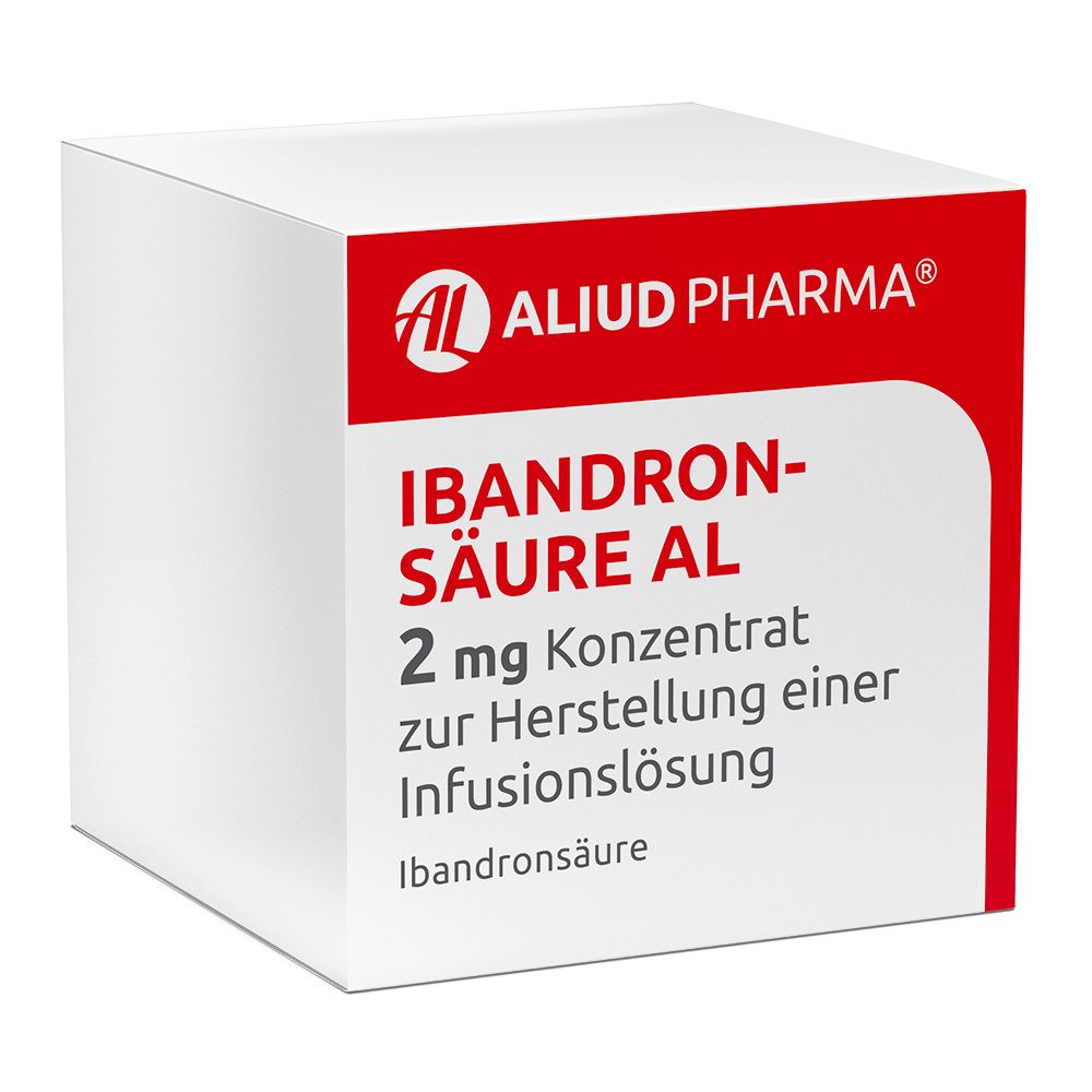Weiße Schachtel mit rotem Eckdesign. Aufschrift: AL, ALIUD PHARMA, Ibandronsäure AL 2 mg Konzentrat zur Herstellung einer Infusionslösung.