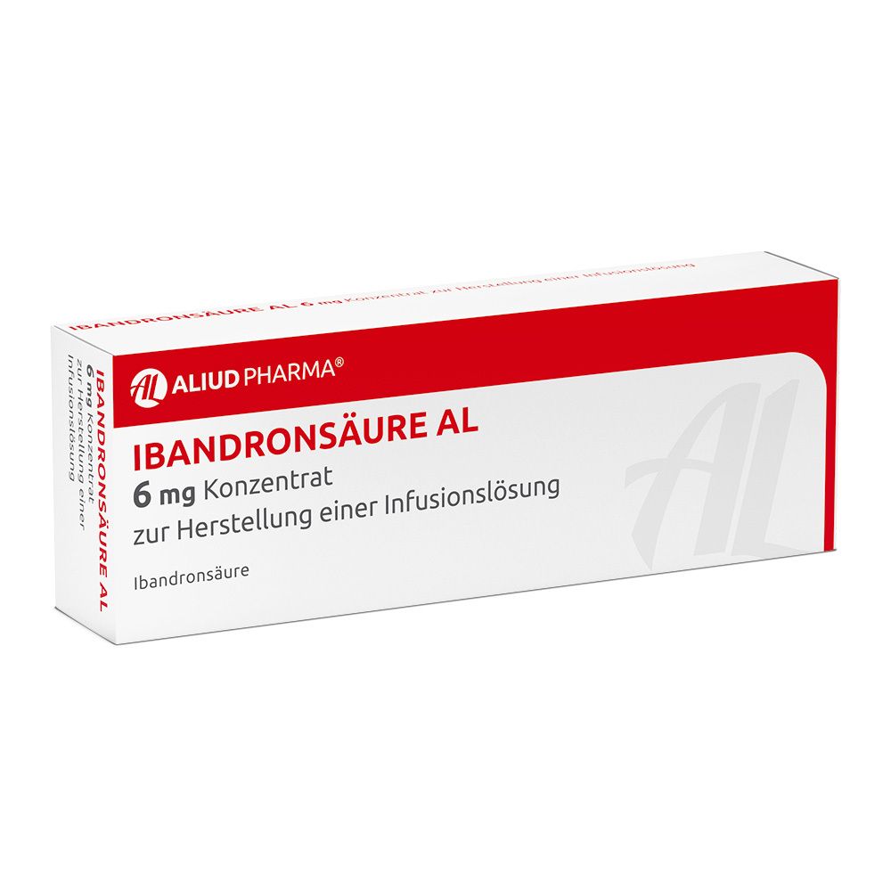 Verpackung von Ibandronsäure AL 6 mg Konzentrat. Rote und weiße Schachtel mit Produktinformationen und Logo.