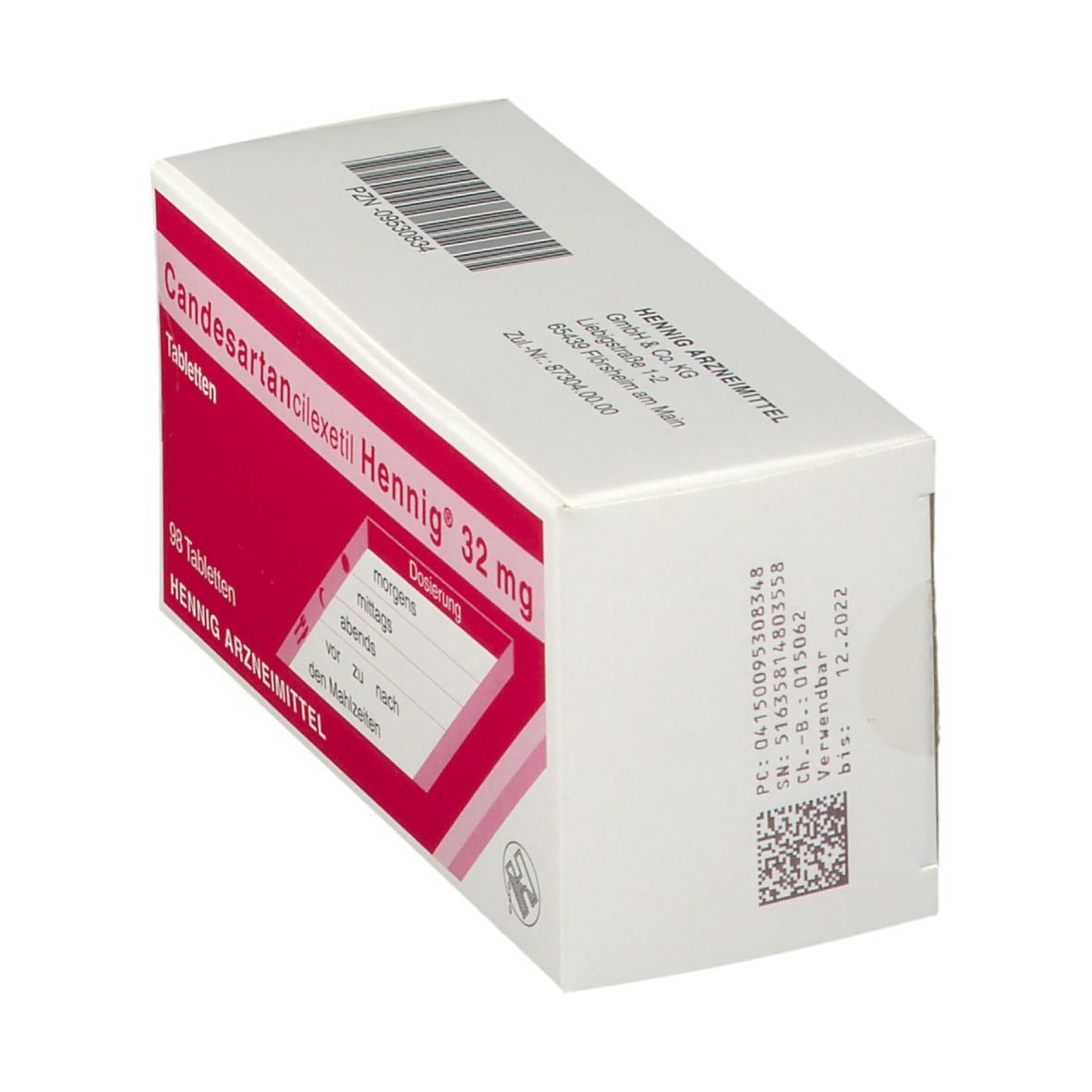 Schräge Ansicht der Packung Candesartancilexetil Hennig 32 mg Tabletten.