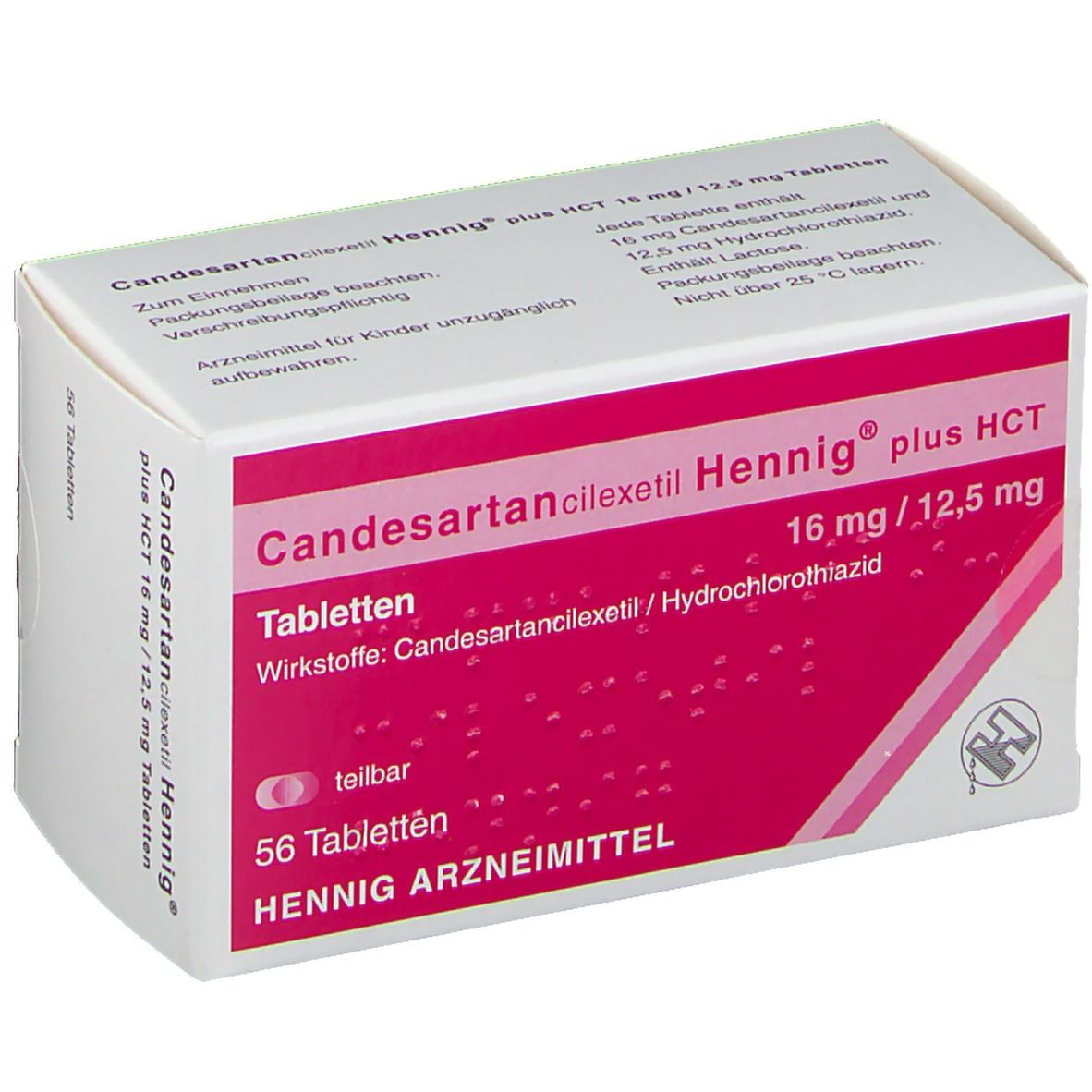 Schachtel Candesartancilexetil Hennig plus HCT 16 mg/12,5 mg Tabletten. Rote und weiße Verpackung mit Produktinformationen.
