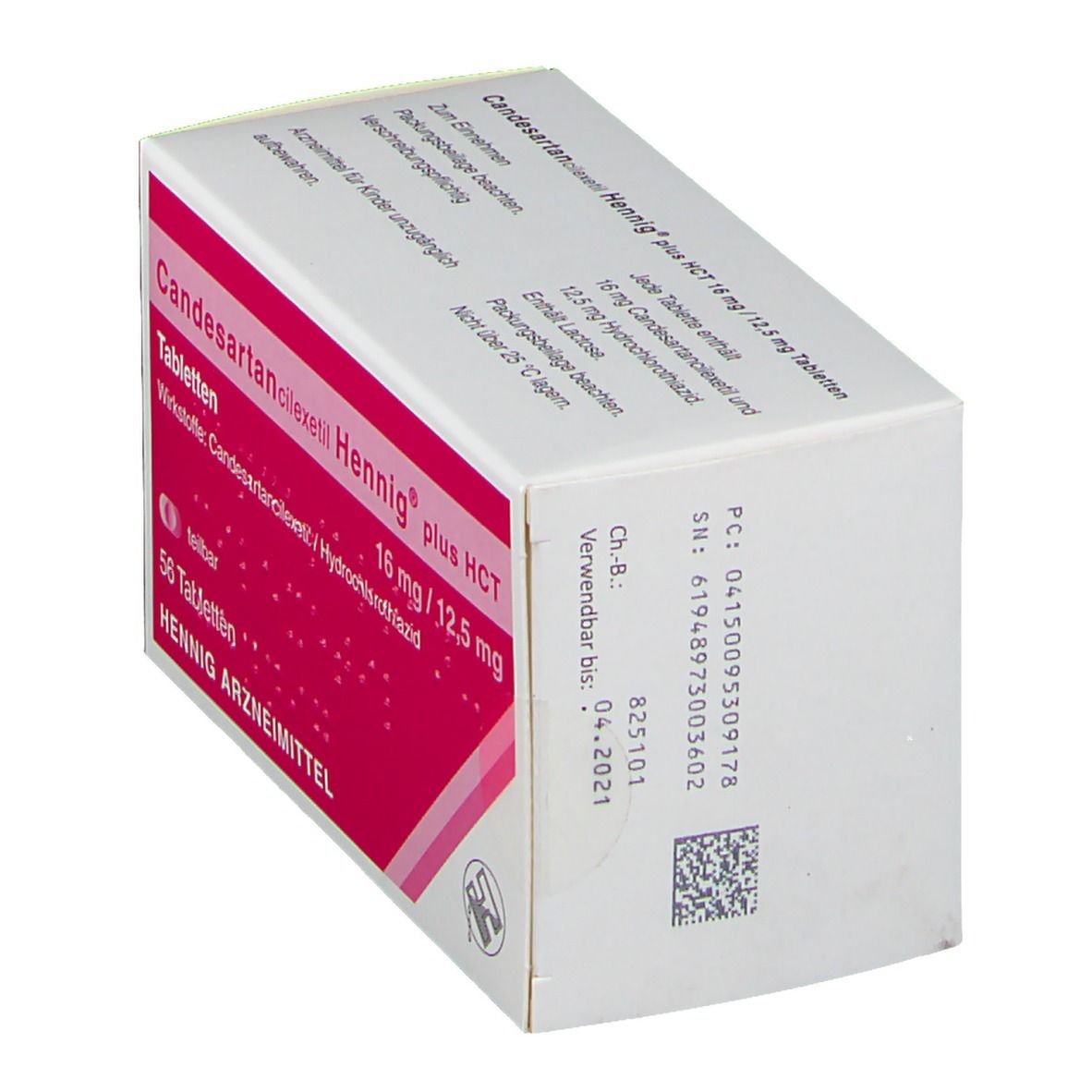 Schachtel Candesartancilexetil Hennig plus HCT 16 mg/12,5 mg. Verpackung mit Produktinformationen, schräg gestellt.