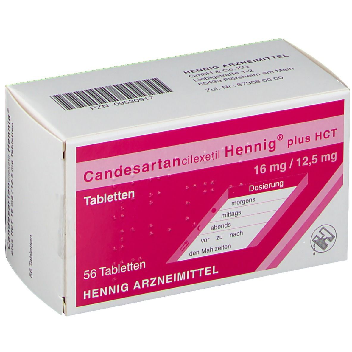 Schachtel Candesartancilexetil Hennig plus HCT 16 mg/12,5 mg Tabletten. Verpackung mit Dosierungsangaben.