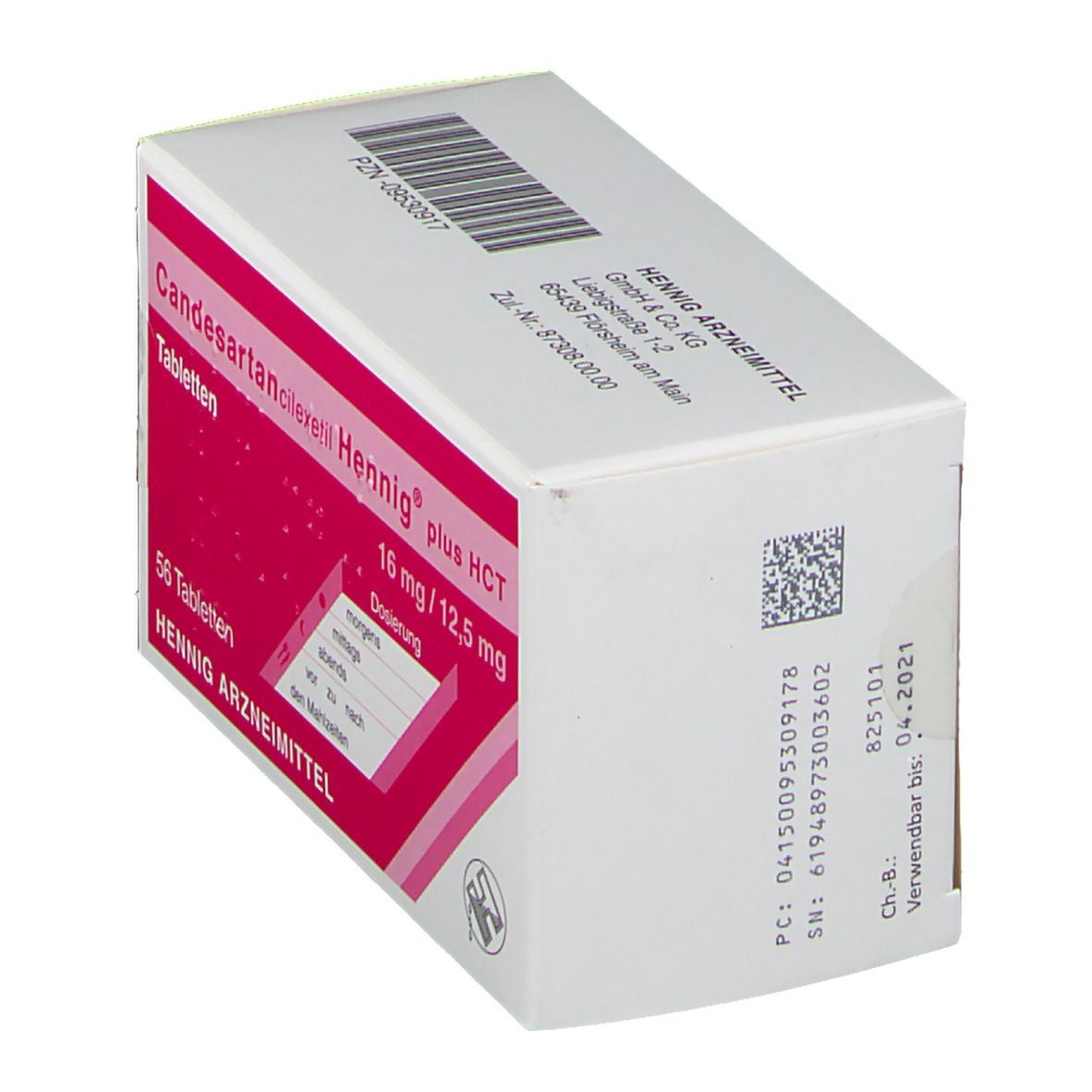 Schachtel Candesartancilexetil Hennig plus HCT 16 mg/12,5 mg Tabletten. Verpackung mit Dosierungsangaben, schräg.