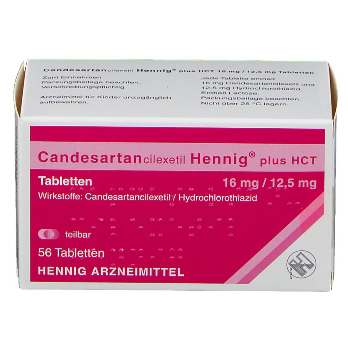 Schachtel Candesartancilexetil Hennig plus HCT 16 mg/12,5 mg Tabletten. Rote und weiße Verpackung mit Produktinformationen.