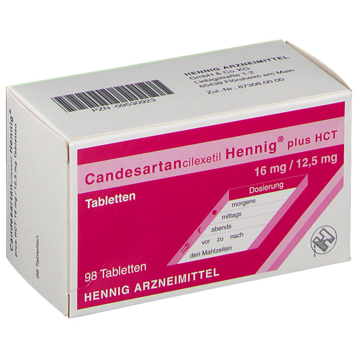 Arzneimittelpackung Candesartan cilexetil Hennig plus HCT 16 mg/12,5 mg. Weiße Schachtel mit pinkfarbenem Feld und Dosierungsanleitung.