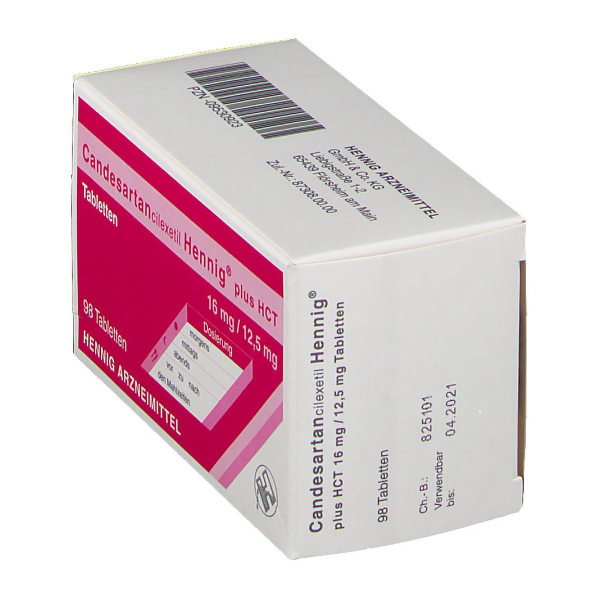 Arzneimittelpackung Candesartan cilexetil Hennig plus HCT 16 mg/12,5 mg. Schachtel schräg, Dosierungsanleitung sichtbar.