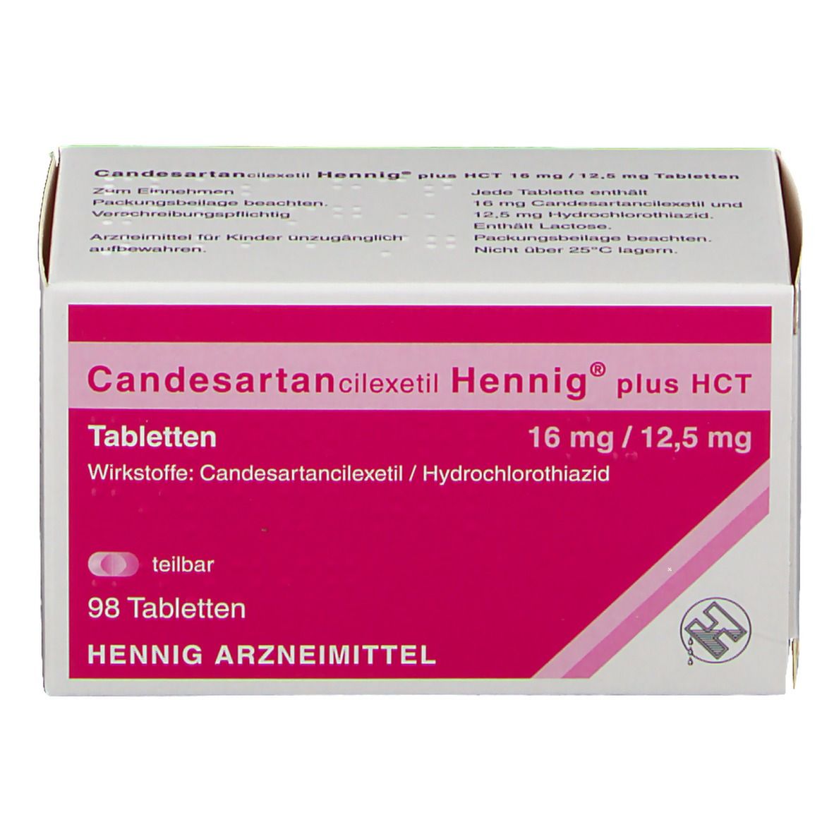 Arzneimittelpackung Candesartan cilexetil Hennig plus HCT 16 mg/12,5 mg. Weiße Schachtel mit pinkfarbenem Feld und Text.