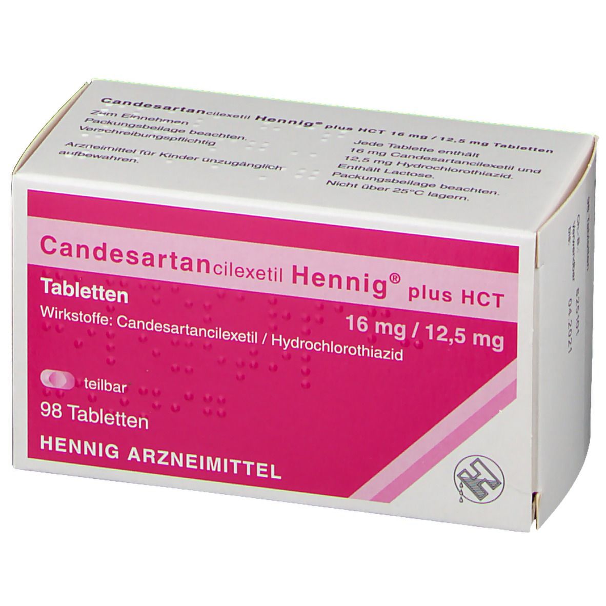 Arzneimittelpackung Candesartan cilexetil Hennig plus HCT 16 mg/12,5 mg. Schachtel schräg, Text sichtbar.