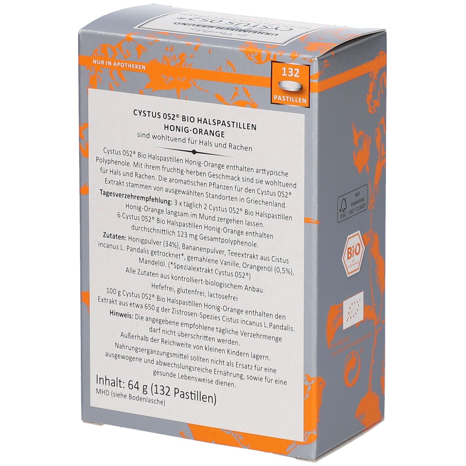 Verpackung mit Text. Aufschrift: Cystus 052 Bio Halspastillen Honig-Orange. Inhaltsangaben, Herstellerinformationen.