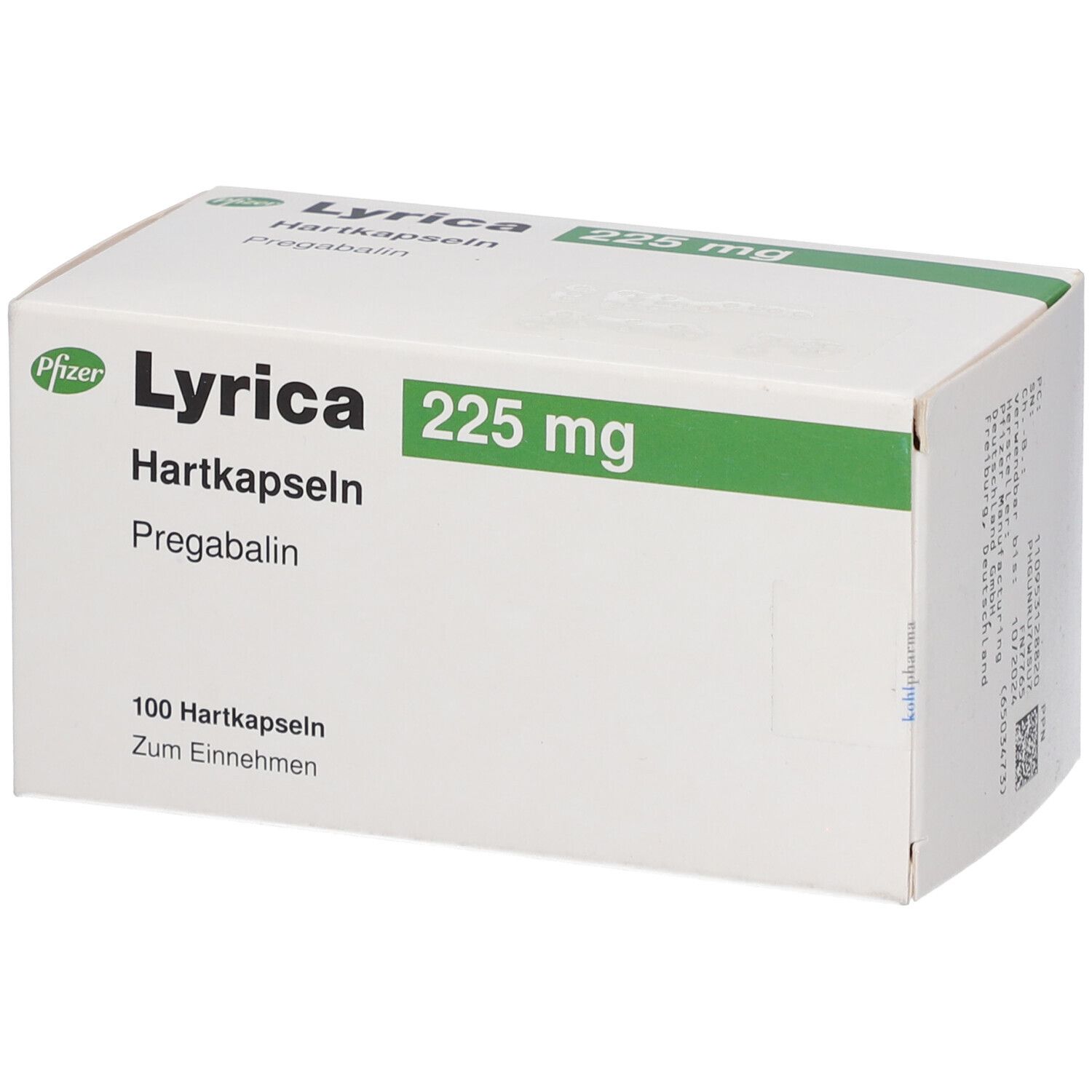 Weiße Schachtel mit grünen Akzenten. Aufschrift: Lyrica 225 mg, Hartkapseln, Pregabalin. 100 Hartkapseln. Pfizer-Logo.
