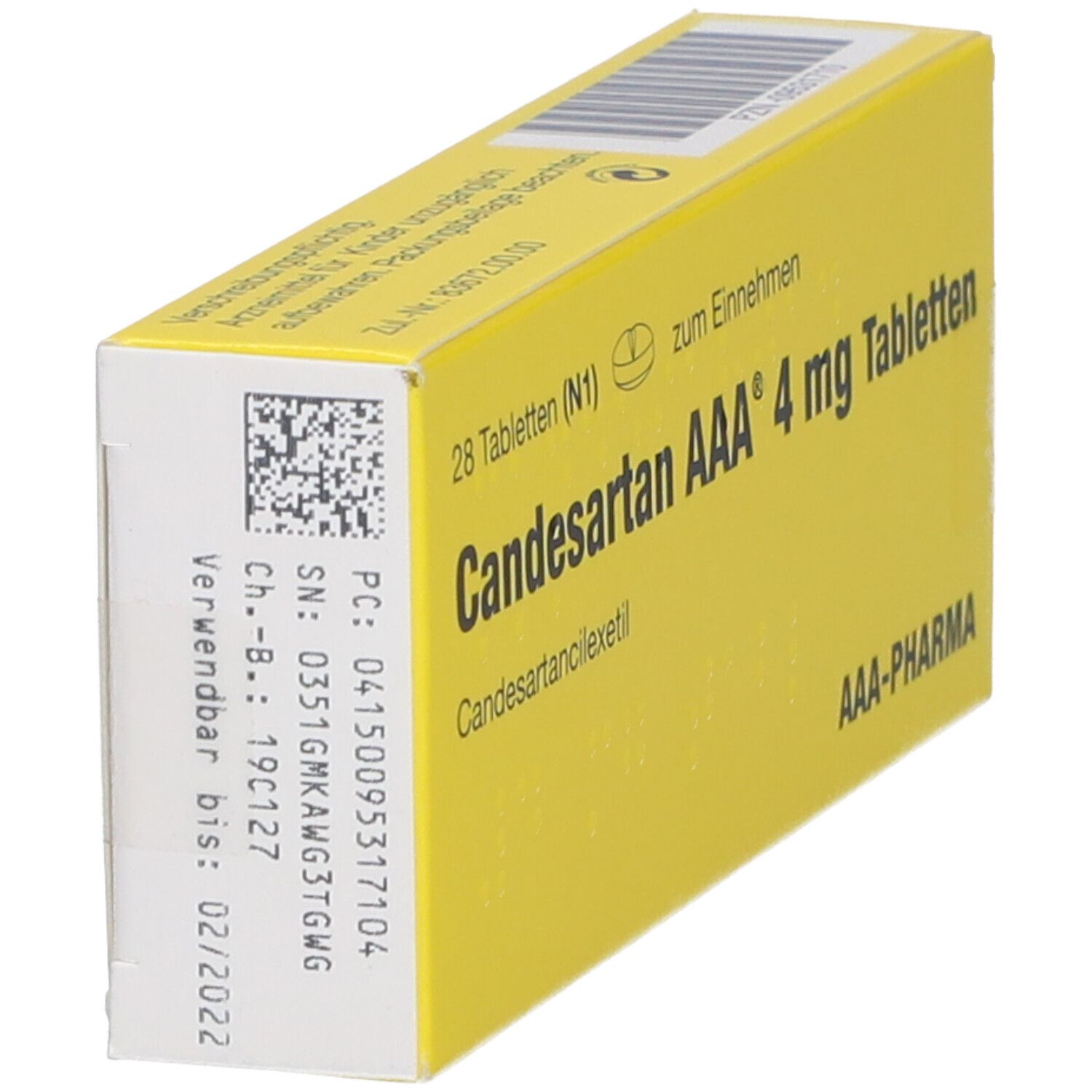 Gelbe Schachtel mit 'Candesartan AAA 4 mg Tabletten'. Rückseite mit Barcode und Verfallsdatum 02/2022. Marke AAA-PHARMA.