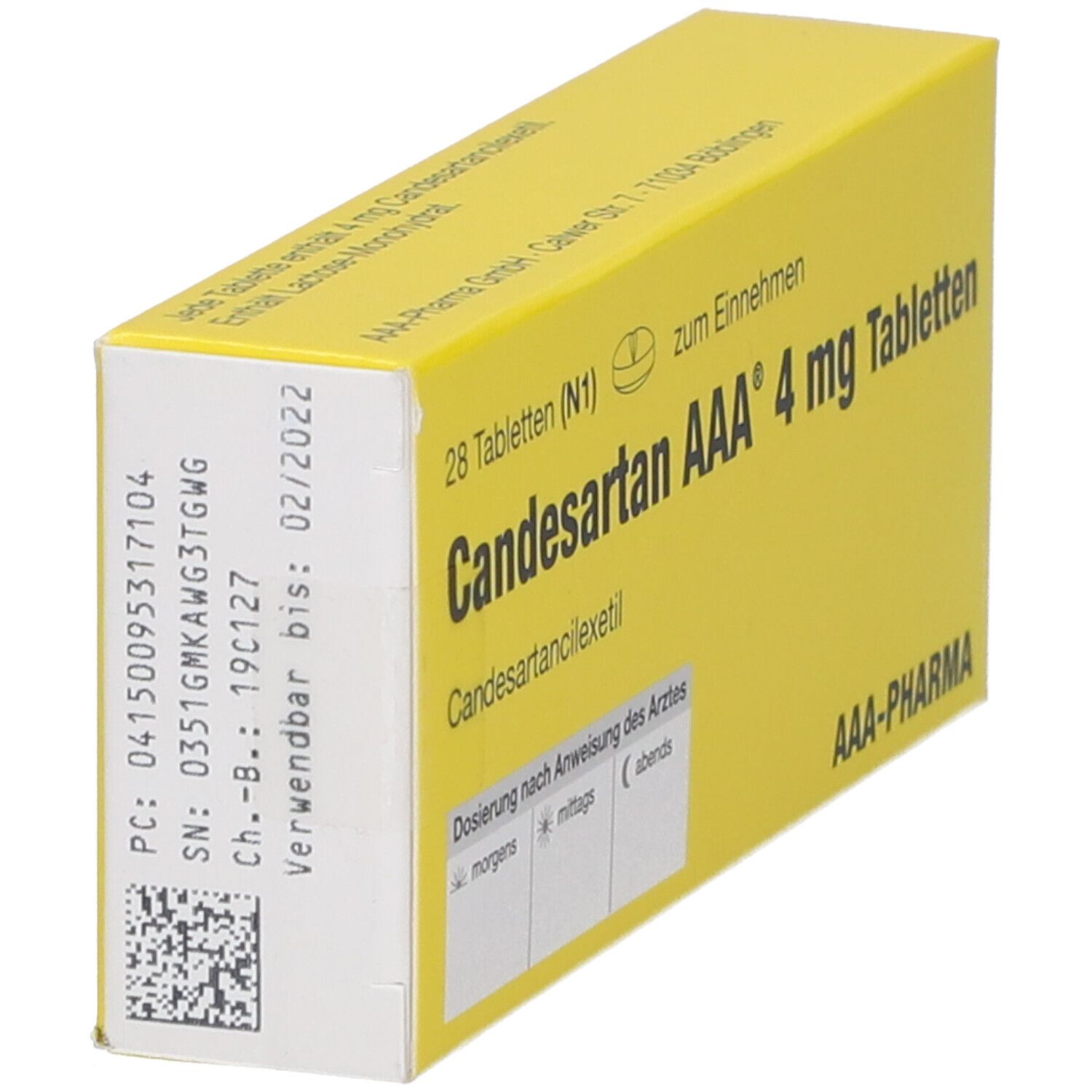 Gelbe Schachtel mit 'Candesartan AAA 4 mg Tabletten'. Rückseite mit Barcode und Verfallsdatum 02/2022. Marke AAA-PHARMA.
