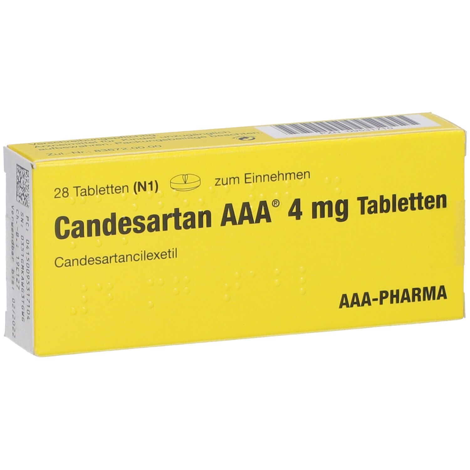 Gelbe Schachtel mit 'Candesartan AAA 4 mg Tabletten'. Enthält 28 Tabletten. Marke AAA-PHARMA. Barcode und Text.