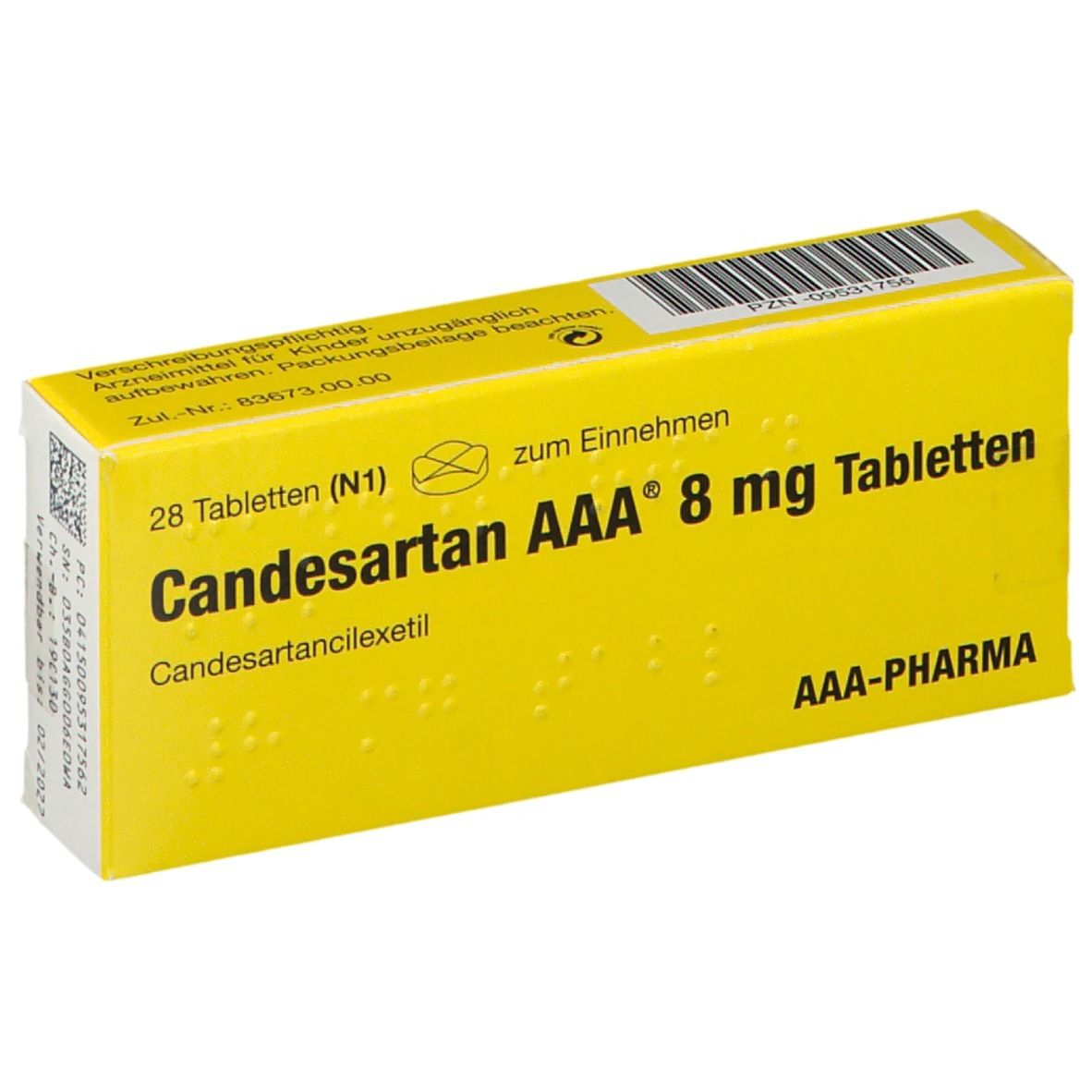 Gelbe Schachtel mit Aufschrift Candesartan AAA 8 mg Tabletten. Enthält 28 Tabletten. AAA-PHARMA Logo.