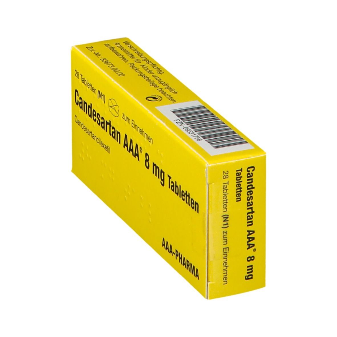 Gelbe Schachtel mit Aufschrift Candesartan AAA 8 mg Tabletten. Enthält 28 Tabletten. AAA-PHARMA Logo. Schachtel schräg.