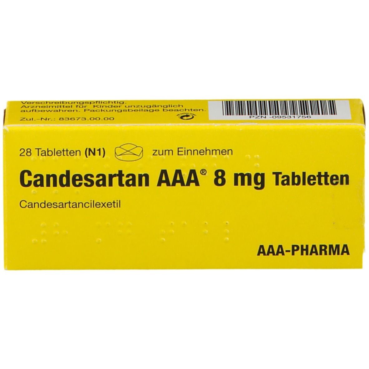 Gelbe Schachtel mit Aufschrift Candesartan AAA 8 mg Tabletten. Enthält 28 Tabletten. AAA-PHARMA Logo. Draufsicht.