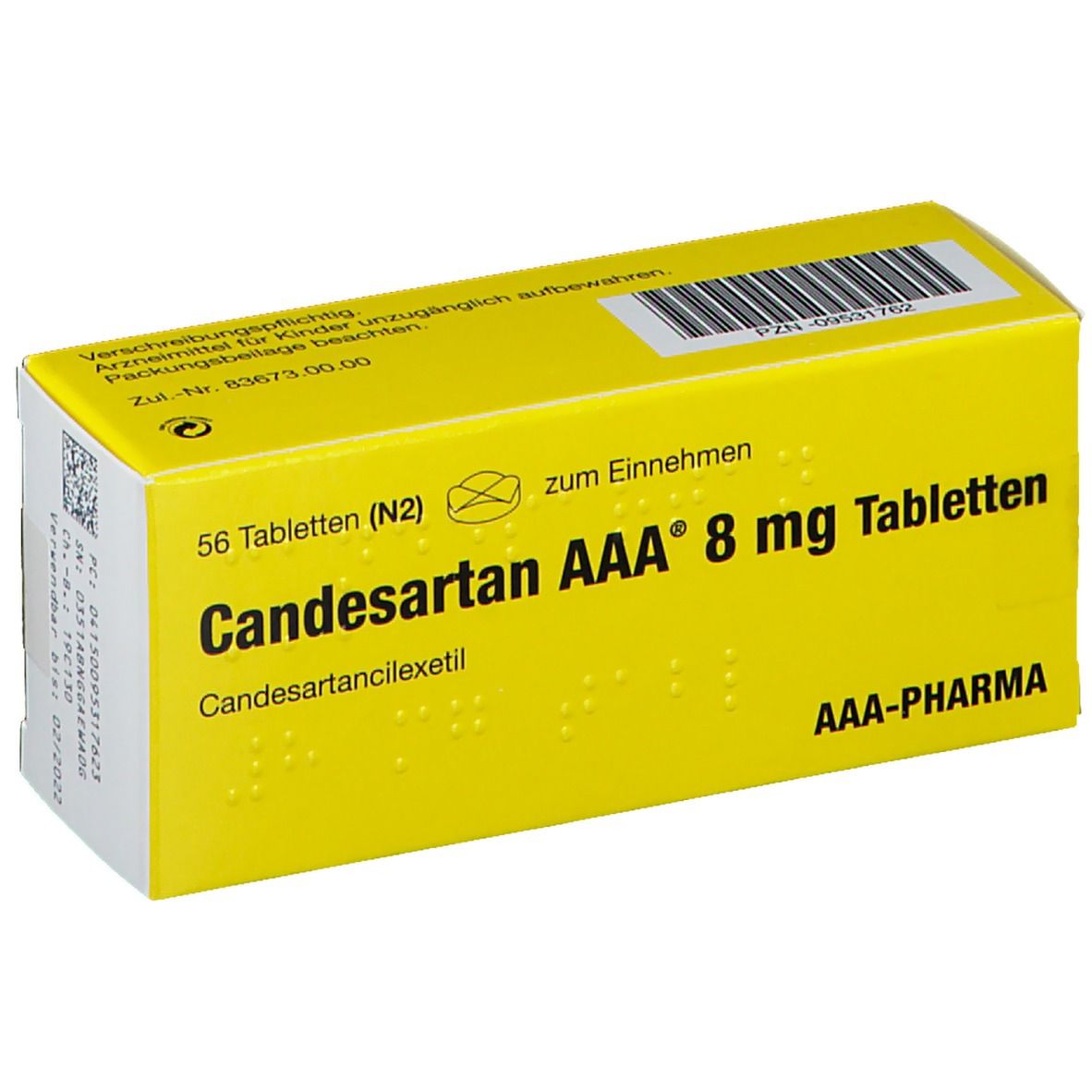 Gelbe Schachtel mit Aufschrift Candesartan AAA 8 mg Tabletten. Enthält 56 Tabletten. AAA-Pharma Logo.