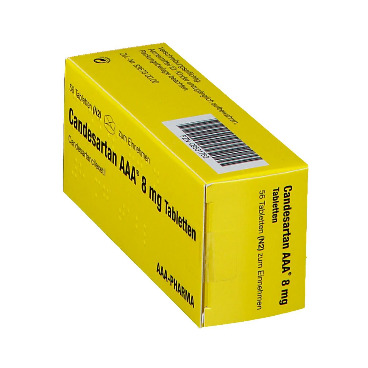 Gelbe Schachtel mit Aufschrift Candesartan AAA 8 mg Tabletten. Enthält 56 Tabletten. AAA-Pharma Logo.
