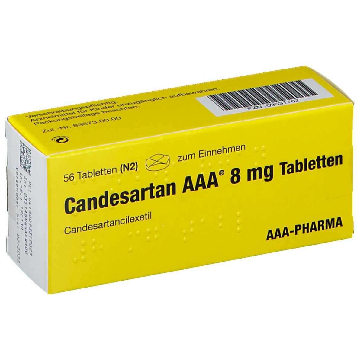 Gelbe Schachtel mit Aufschrift Candesartan AAA 8 mg Tabletten. Enthält 56 Tabletten. AAA-Pharma Logo.