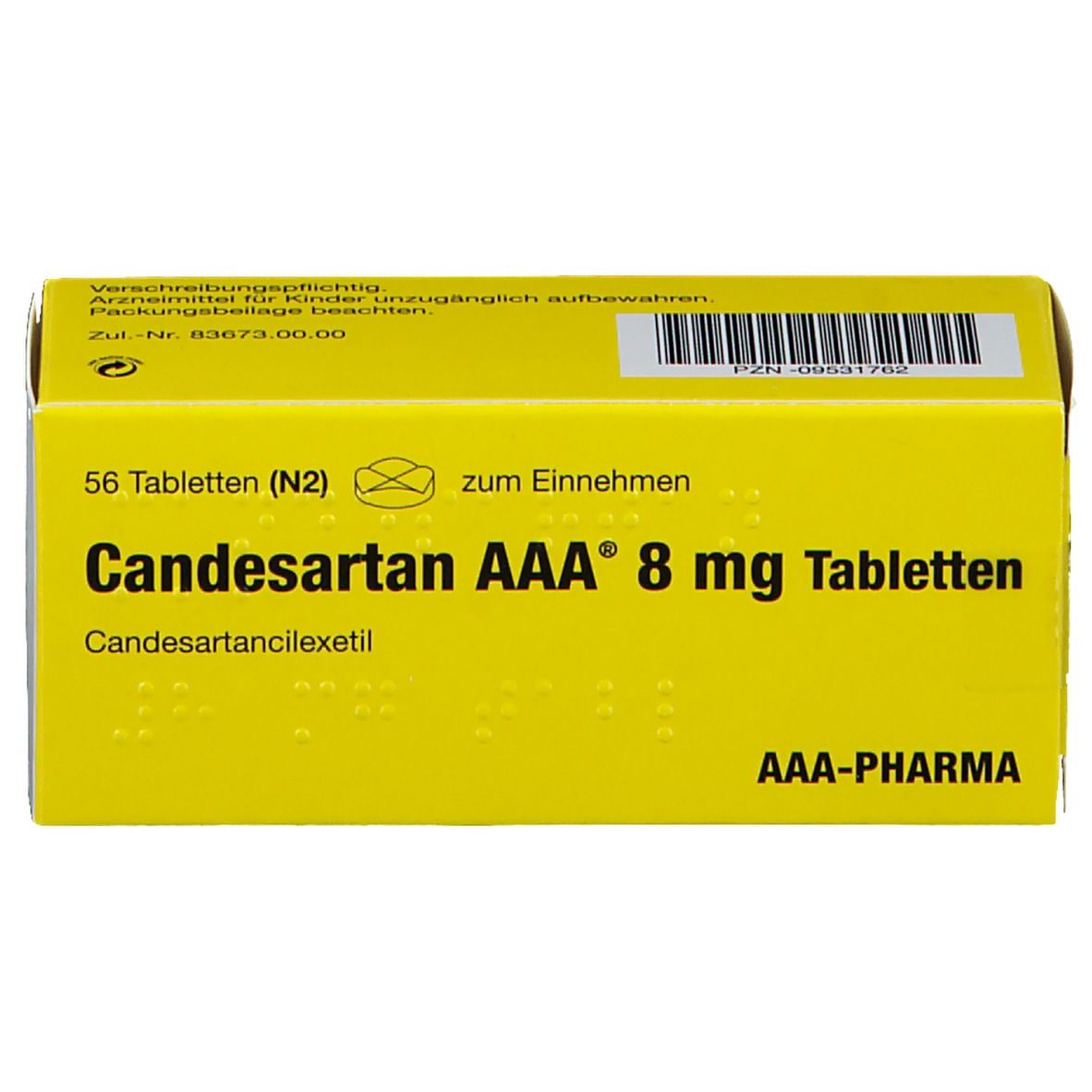 Gelbe Schachtel mit Aufschrift Candesartan AAA 8 mg Tabletten. Enthält 56 Tabletten. AAA-Pharma Logo.