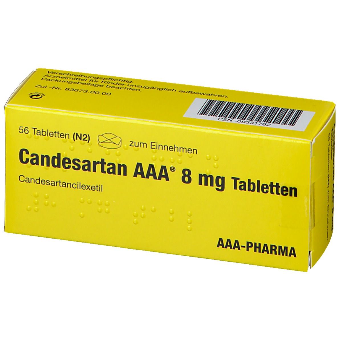 Gelbe Schachtel mit Aufschrift Candesartan AAA 8 mg Tabletten. Enthält 56 Tabletten. AAA-Pharma Logo.