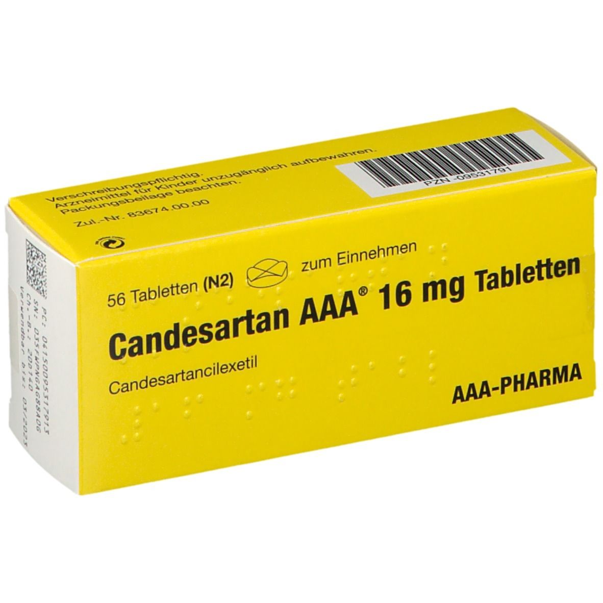 Gelbe Tablettenbox mit Aufschrift Candesartan AAA 16 mg Tabletten. 56 Tabletten. AAA-Pharma Logo.