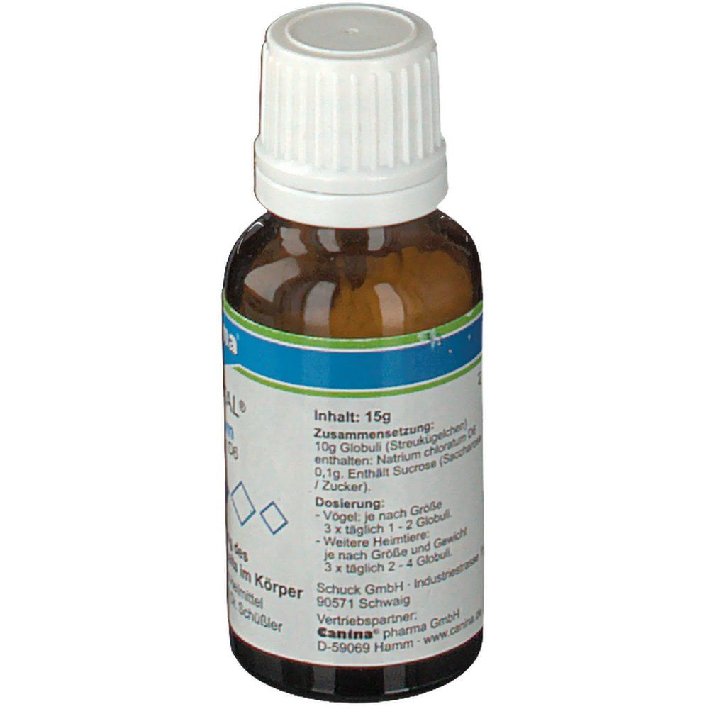 Braune Glasflasche mit weißem Deckel. Etikett mit Text: Inhalt 15g, Zusammensetzung, Dosierung, Hersteller. Canina, PETVITAL Natrium chloratum D6.