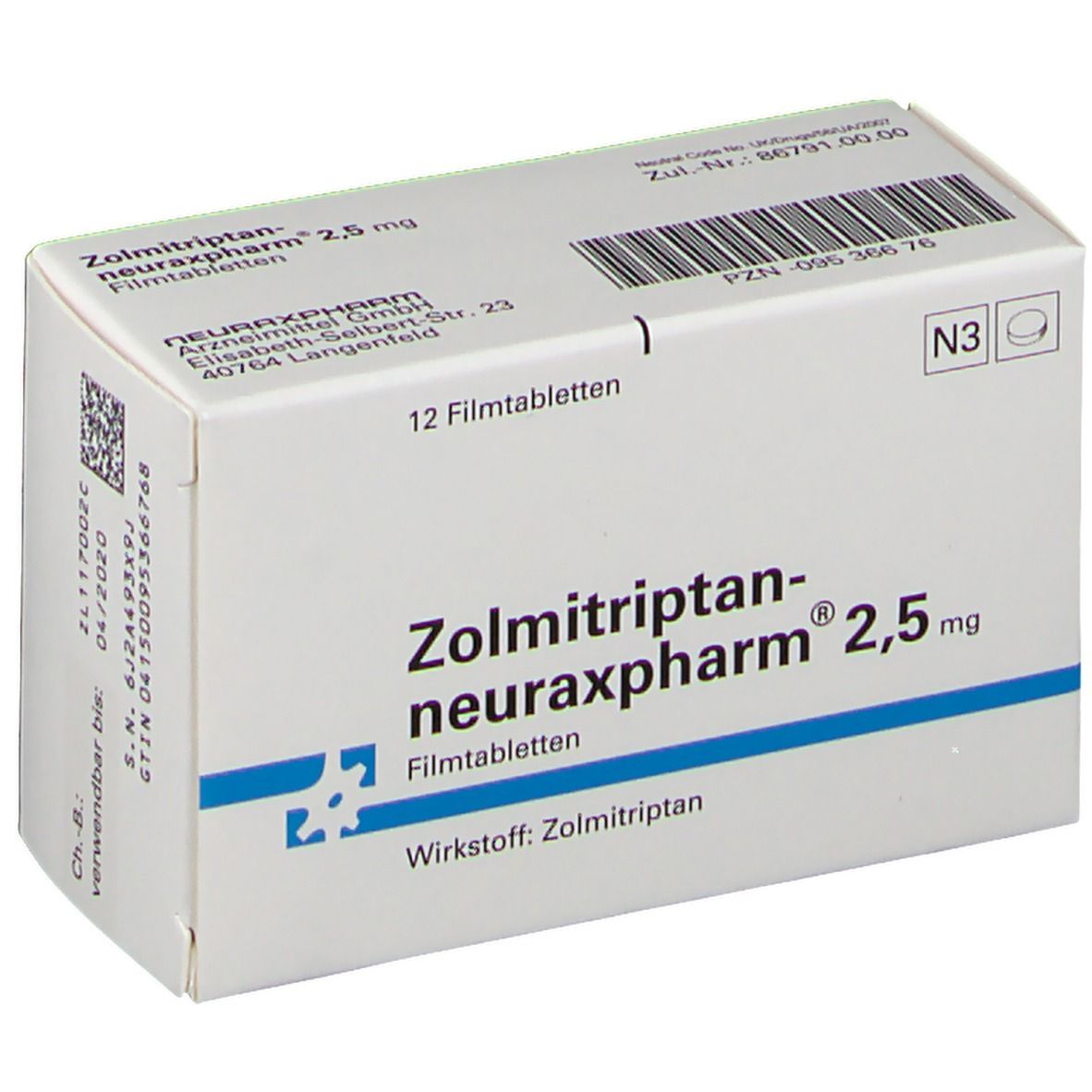 Zolmitriptan-neuraxpharm 2,5 mg Filmtabletten-Packung. Weiße Schachtel mit blauer Linie und Schriftzug. 12 Filmtabletten.
