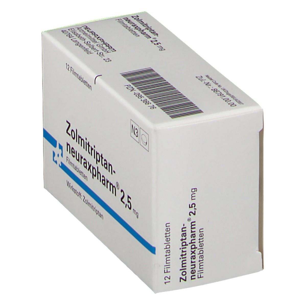 Zolmitriptan-neuraxpharm 2,5 mg Filmtabletten-Packung. Weiße Schachtel mit blauer Linie und Schriftzug. 12 Filmtabletten.