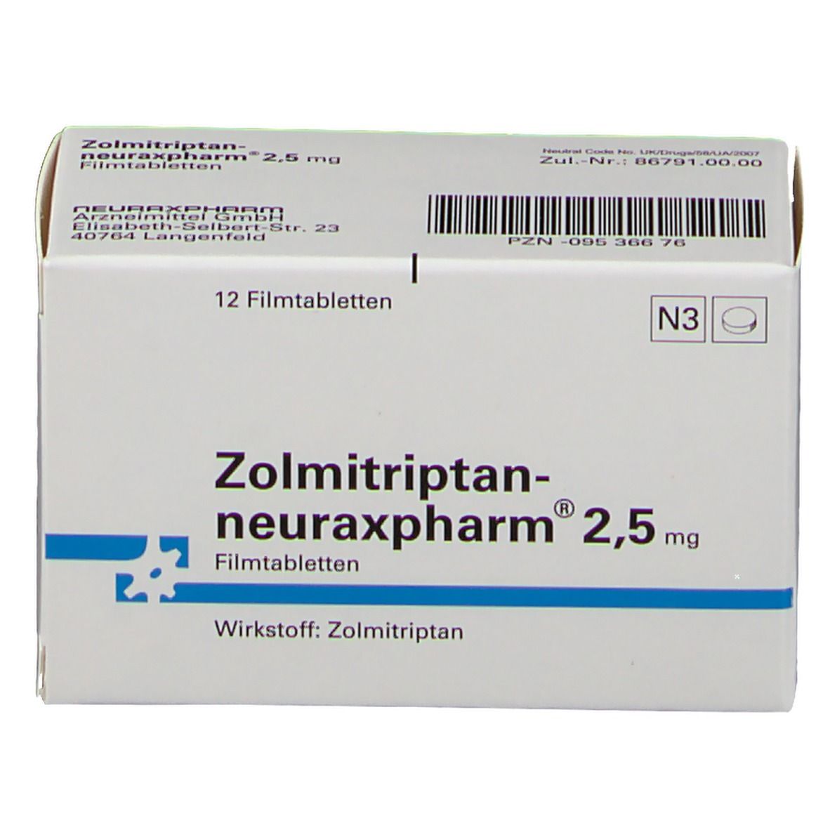 Zolmitriptan-neuraxpharm 2,5 mg Filmtabletten-Packung. Weiße Schachtel mit blauer Linie und Schriftzug. 12 Filmtabletten.