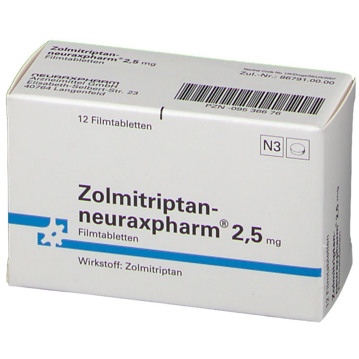 Zolmitriptan-neuraxpharm 2,5 mg Filmtabletten-Packung. Weiße Schachtel mit blauer Linie und Schriftzug. 12 Filmtabletten.