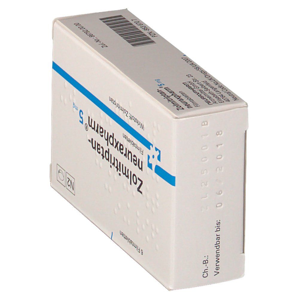 Schachtel ZOLMITRIPTAN neuraxpharm 5 mg Filmtabletten. Blaue und weiße Verpackung. 6 Filmtabletten. Ansicht von der Seite. Verfallsdatum.