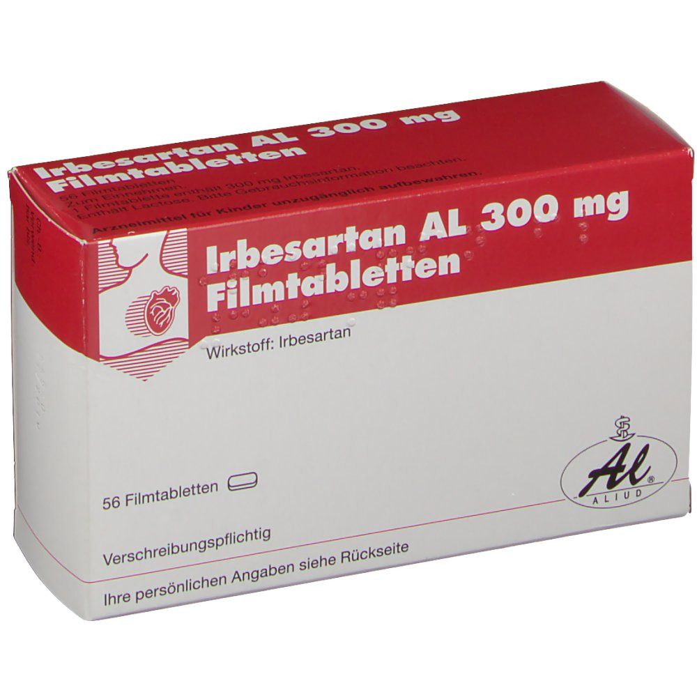 Arzneimittelpackung mit rotem Deckel. Beschriftung: Irbesartan AL 300 mg Filmtabletten. Enthält 56 Tabletten. Al logo.