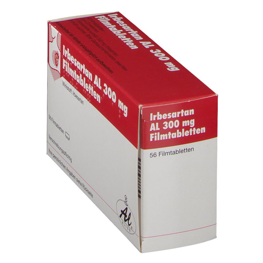 Schräg stehende Arzneimittelpackung mit rotem Deckel. Beschriftung: Irbesartan AL 300 mg Filmtabletten. Enthält 56 Tabletten. Al logo.